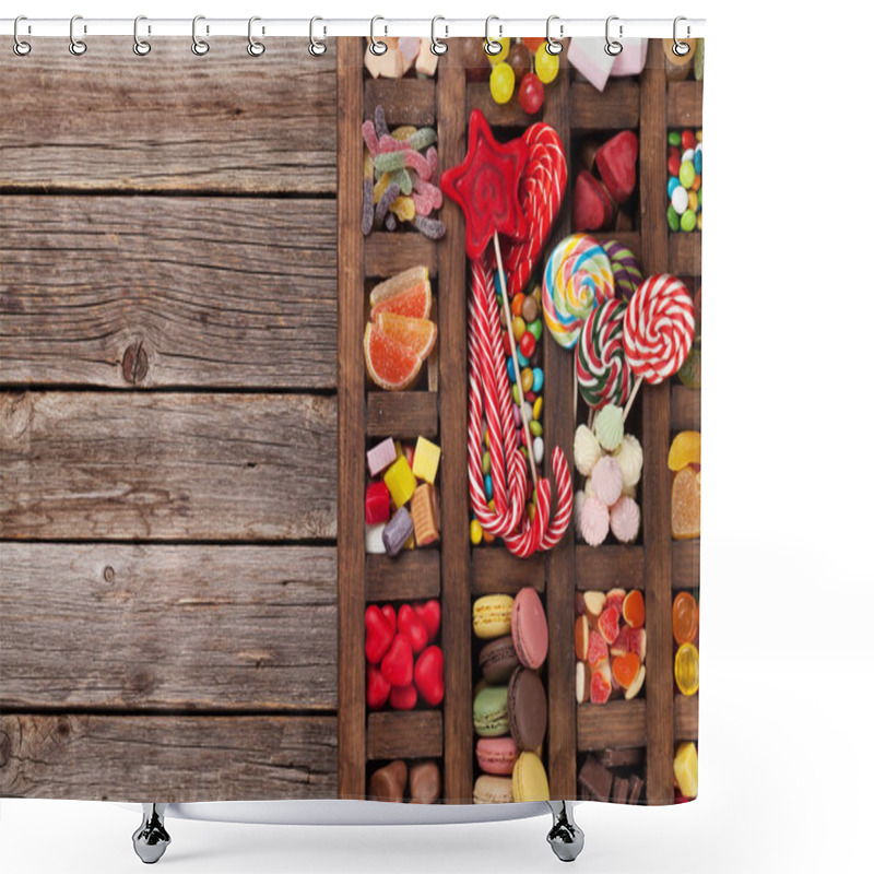 Personality  Colorful Sweets Box. Lollipops, Macaroons, Marshmallow, Marmalade And Candies. Top View With Space For Your Greetings Shower Curtains