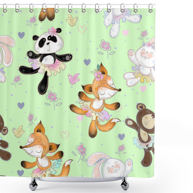 Personality  Seamless Pattern With Cute Little Animals . The Bunny The Bear, Fox And Panda. Ballerinas, Vector Shower Curtains