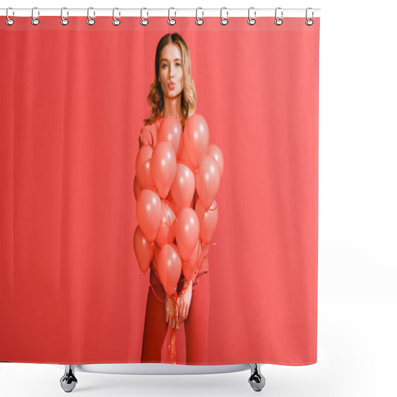 Personality  Attractive Girl Making Air Kiss And Posing With Living Coral Balloons. Pantone Color Of The Year 2019 Concept Shower Curtains