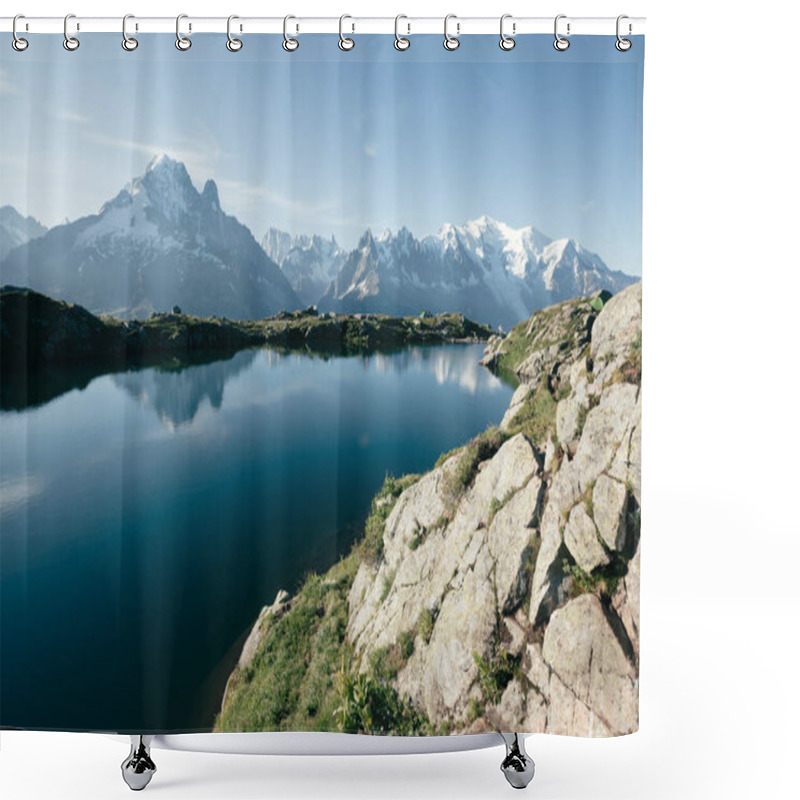 Personality  Views Of The Mont Blanc Glacier With Lac Blanc. Perfect And Gorgeous Scene. Location Place Nature Reserve Aiguilles Rouges, Graian Alps, France, Europe. Vintage Effect. Instagram Filter. Beauty World. Shower Curtains