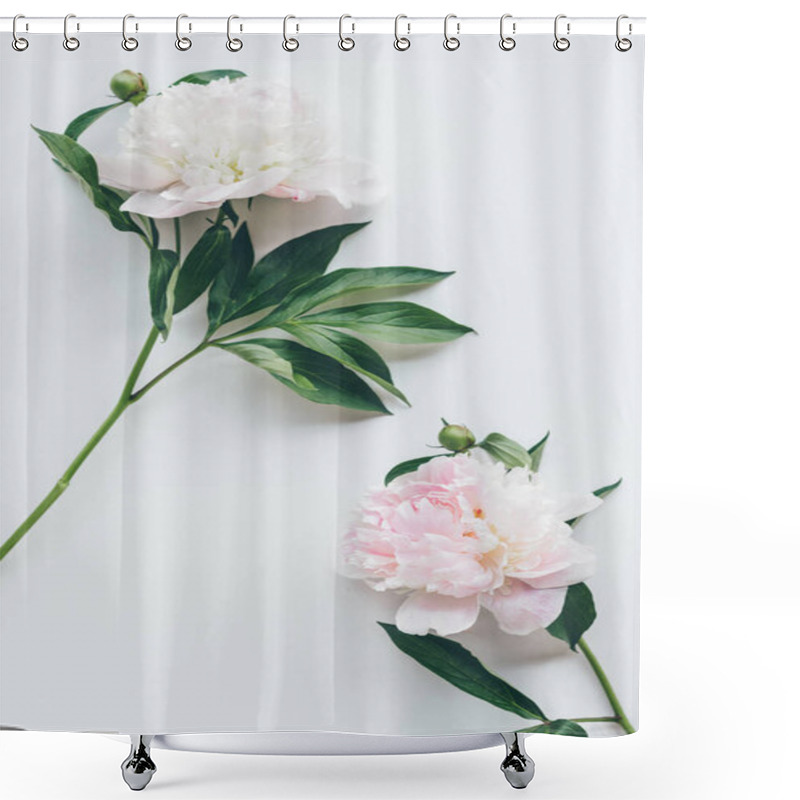 Personality  Top View Of Light Pink Peony Flowers With Leaves On White Shower Curtains