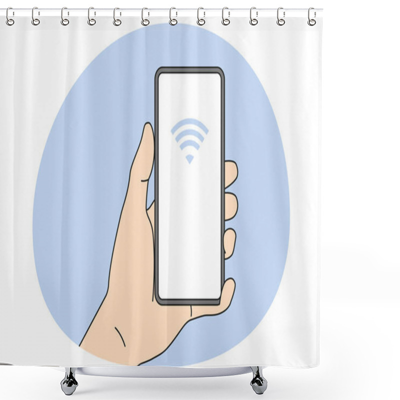 Personality  Person Holding Smartphone With NFC On Screen. Near Field Communication Technology On Mobile Phone. NFC Payment With Cellphone. Flat Vector Illustration. Shower Curtains