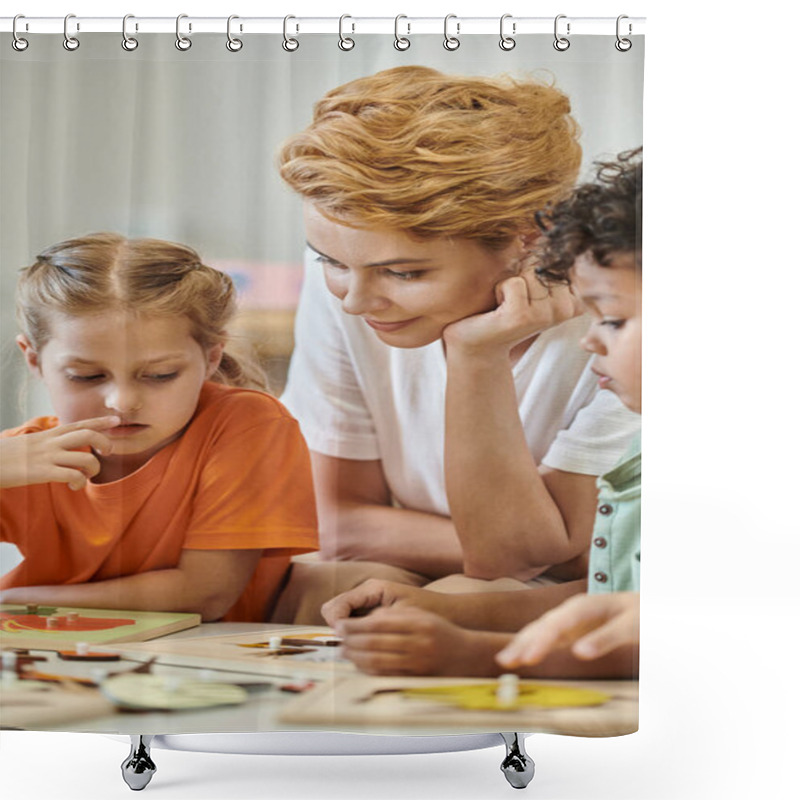 Personality  Kid Talking To Teacher Near Child And Didactic Material In Montessori School Shower Curtains