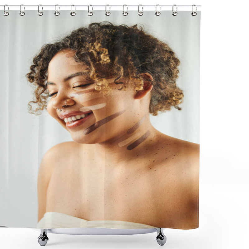 Personality  Attractive African American Woman With Foundation On Face Poses Against Vibrant Backdrop. Shower Curtains