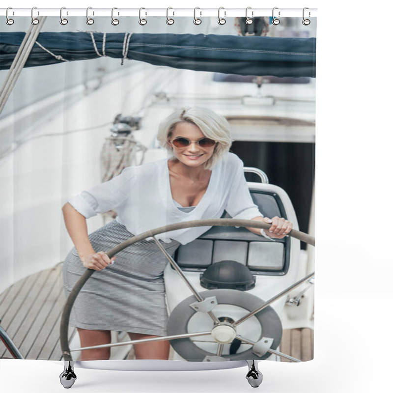 Personality  Beautiful Smiling Girl In Sunglasses Standing At Steering Wheel On Yacht Shower Curtains