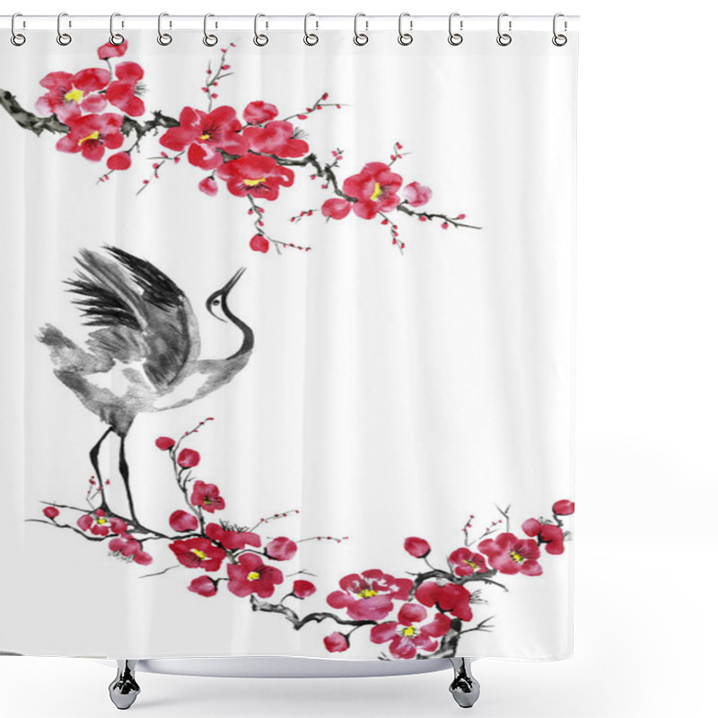 Personality  Japanese Cranes Bird Drawing .  Red Stylized Flowers Of Plum Mei, Wild Apricots And Sakura . Watercolor And Ink Illustration In Style Sumi-e, U-sin, Go-hua Oriental Traditional Painting. Isolated  Shower Curtains