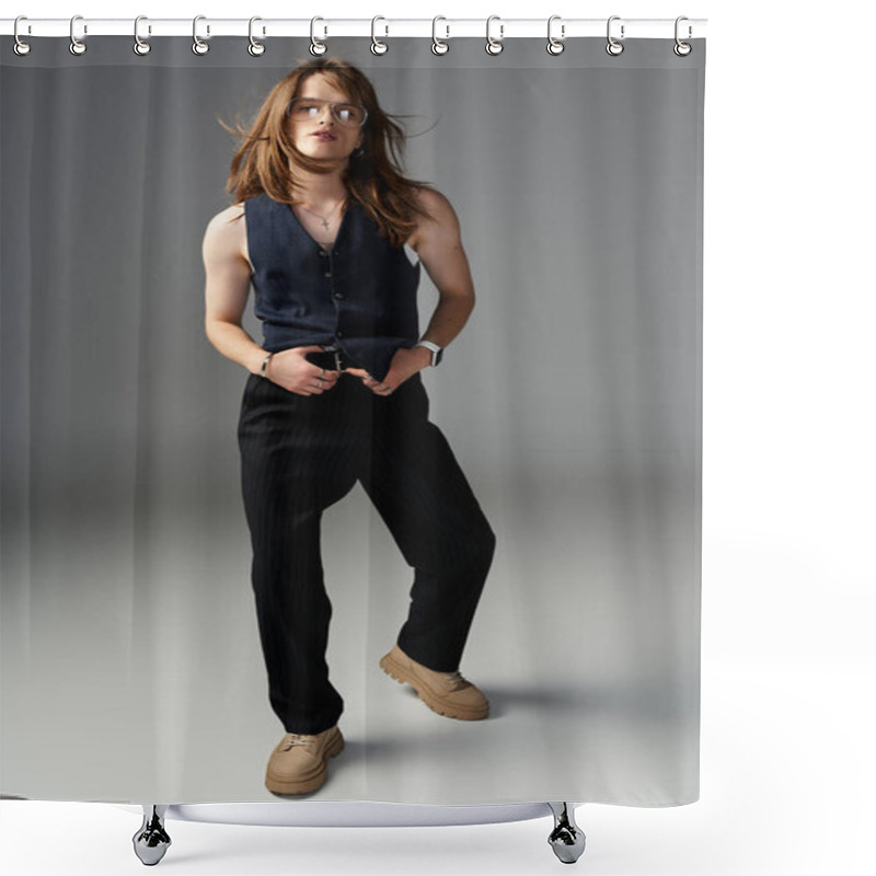 Personality  The Stylish Individual Captures Attention With Striking Attire And Confident Posture. Shower Curtains