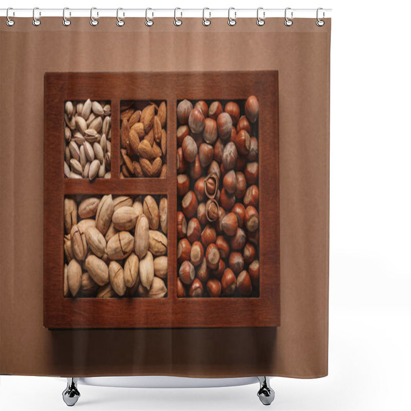 Personality  Top View Of Assortment Of Various Nuts In Box On Brown Background Shower Curtains