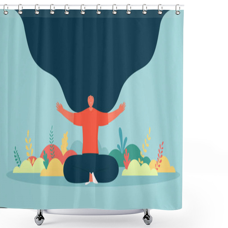 Personality  Happy Woman Sits In Unity With Nature In The Lotus Position. Girl Is Enjoying Her Life With Her Arms Open. Healthy Lifestyle Concept. Shower Curtains