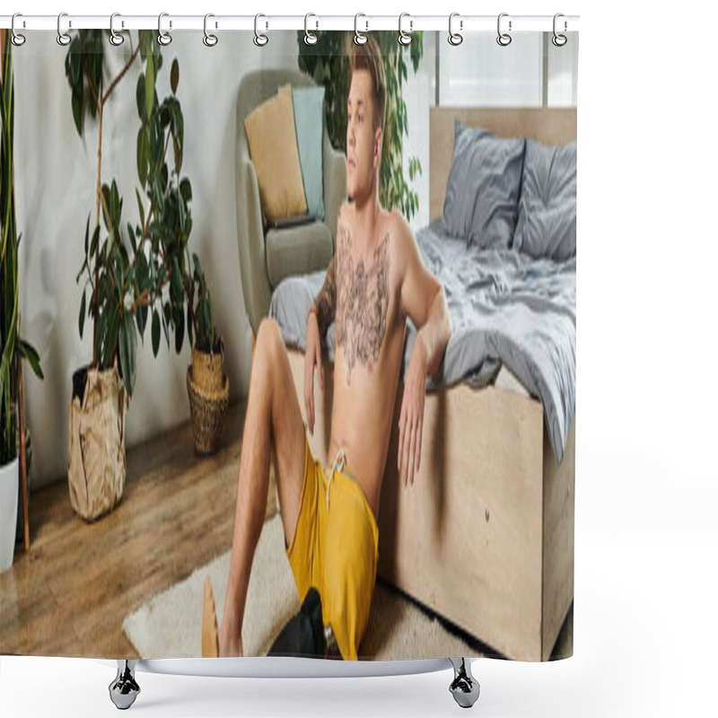 Personality  A Shirtless Man Sits On The Floor, Showcasing His Prosthetic Leg In A Bright, Serene Room. Shower Curtains