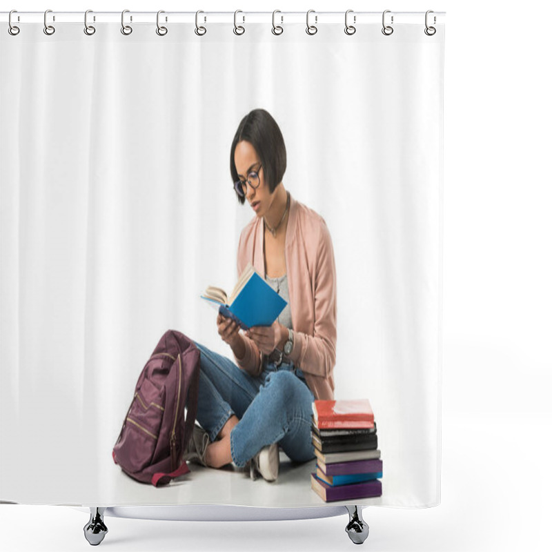 Personality  Female African American Student Reading Books While Sitting On Floor With Backpack, Isolated On White  Shower Curtains