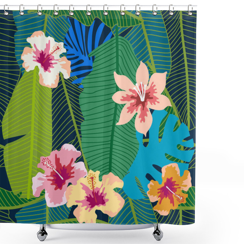 Personality  Green Tropical Background With Banana Leaves And Flowers. Shower Curtains