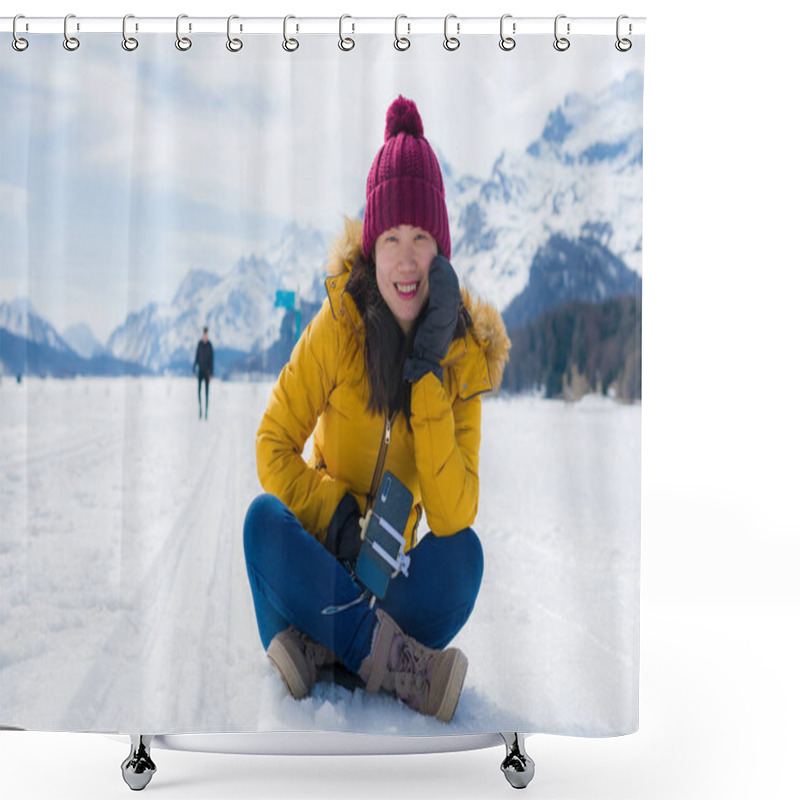 Personality  Winter Holiday Trip To Snow Valley - Young Happy And Excited Asian Chinese Woman Playful On Frozen Lake In Snowy Mountains At Swiss Alps Enjoying Unique Landscape Shower Curtains