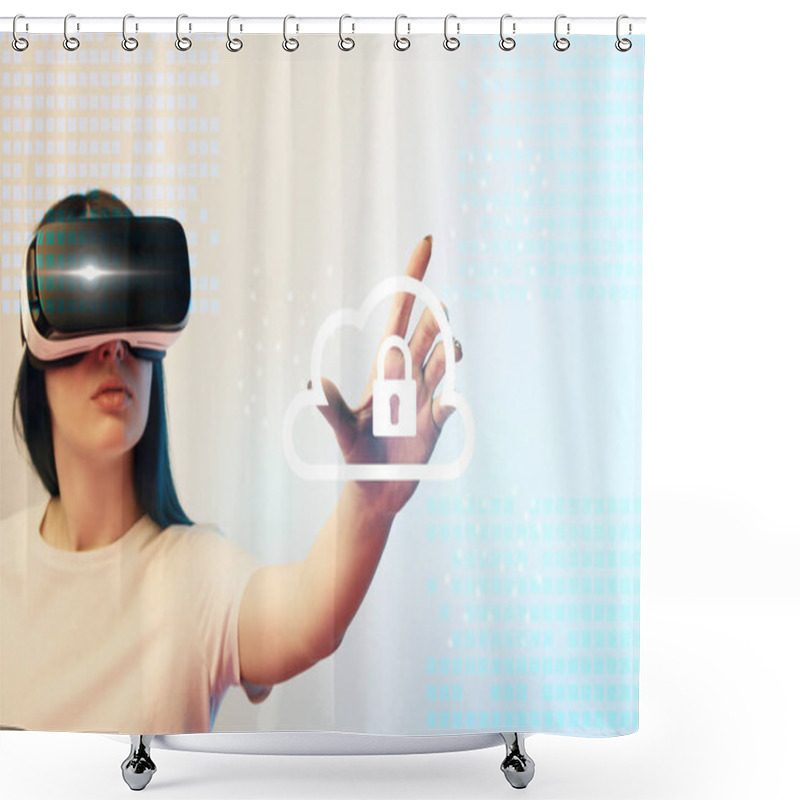 Personality  Young Woman In Virtual Reality Headset Pointing With Hand At Internet Security Illustration On Beige And Blue Background Shower Curtains