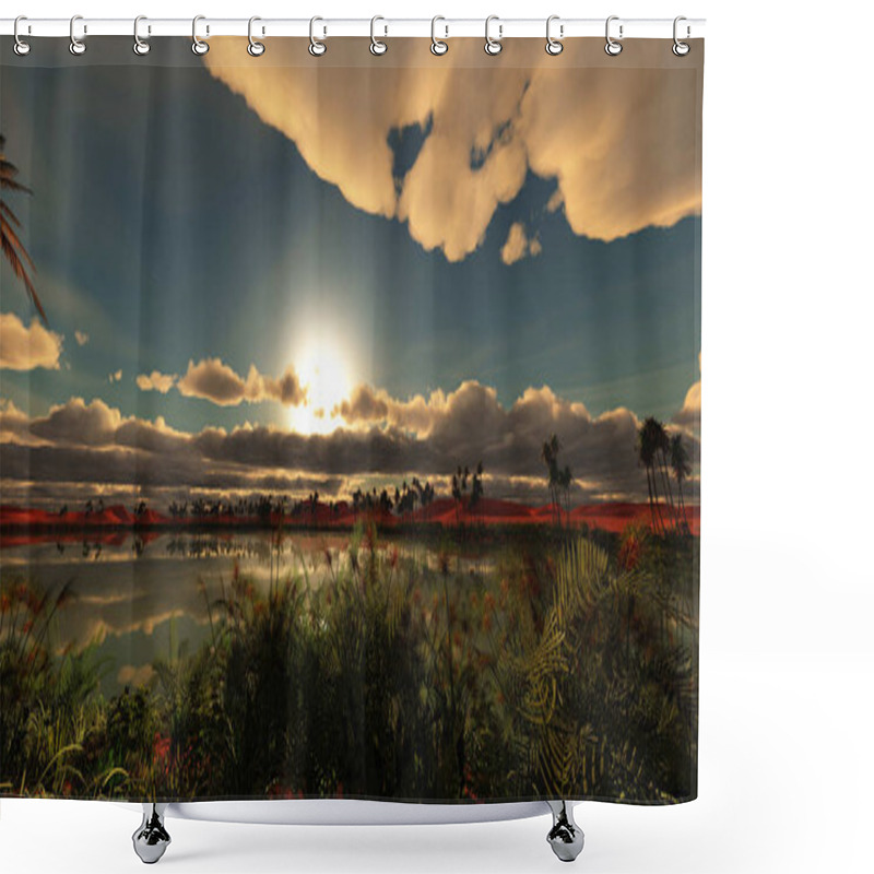 Personality  Oasis In Dune Landscape Sunset Shower Curtains