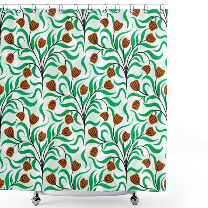 Personality  Seamless Pattern With Leaves And Tulip Flowers. Hand Drawn Illustration For Fabric Design, Wrapping Papers, Tiles. Shower Curtains