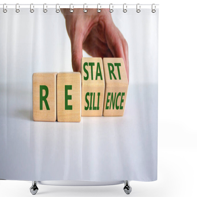 Personality  Restart And Resilience Symbol. Businessman Turns Cubes And Changes The Word 'restart' To 'resilience'. Beautiful White Background. Business And Restart - Resilience Concept. Copy Space. Shower Curtains