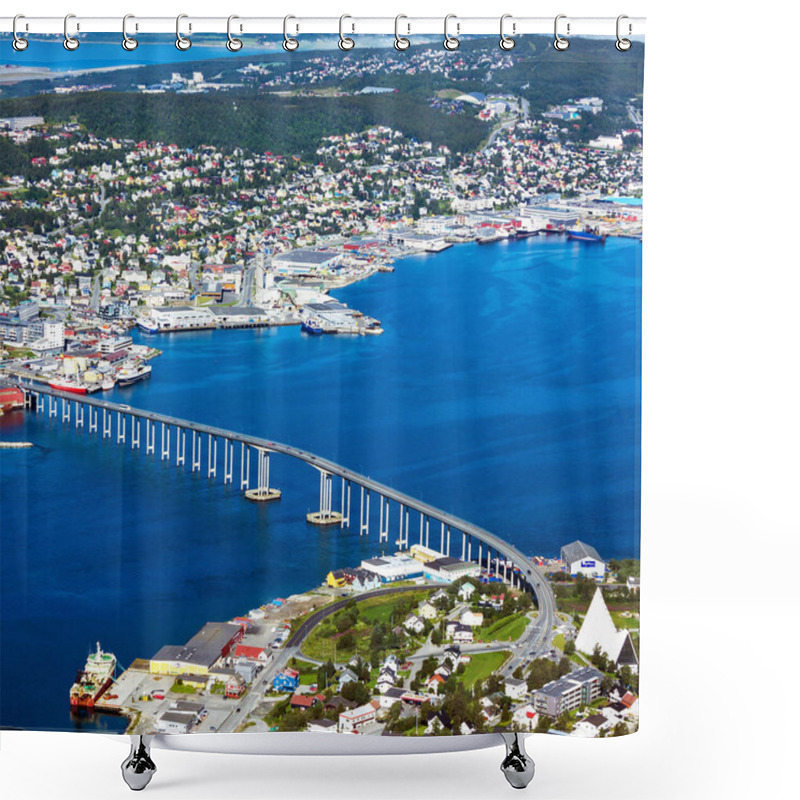 Personality  Tromso - Houses, Bridge And Panorama Of Norwegian City Tromso Beyond The Arctic Circle From Mountain In Norwegian Fjords. Shower Curtains