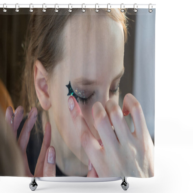 Personality  Portrait Of A Beautiful Child With Halloween Makeup In The Form Of A Bat. Shower Curtains