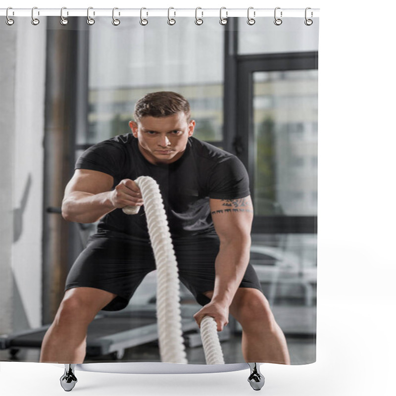 Personality  Handsome Muscular Bodybuilder Working Out With Ropes In Gym Shower Curtains