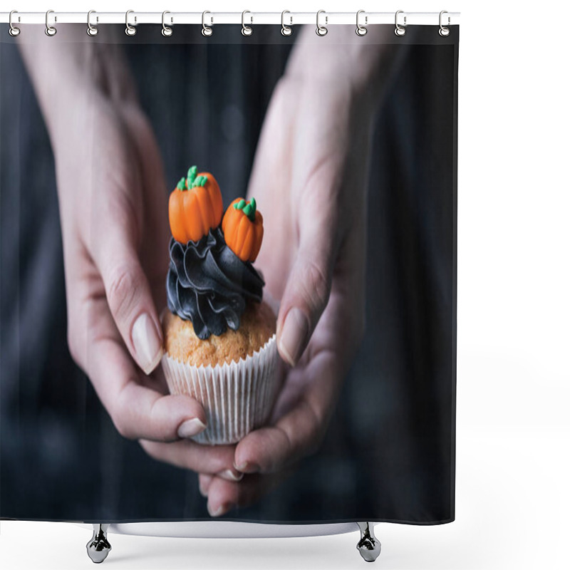 Personality  Person Holding Halloween Cupcake Shower Curtains