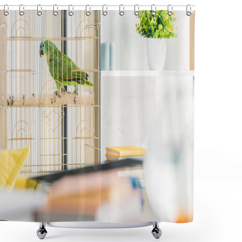 Personality  Selective Focus Of Green Parrot Sitting In Bird Cage Near Shelf With Flowerpot Shower Curtains