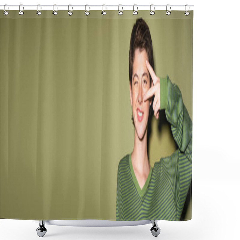 Personality  Smiling Brunette Woman Winking At Camera And Showing Peace Sign Near Face On Green Background, Banner Shower Curtains