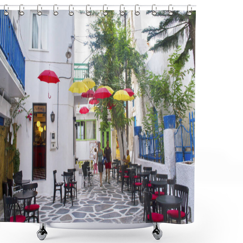 Personality  NAXOS GREECE, AUGUST 27 2015: Street Photography Of Naxos Chora Cyclades Greece. Editorial Use. Shower Curtains