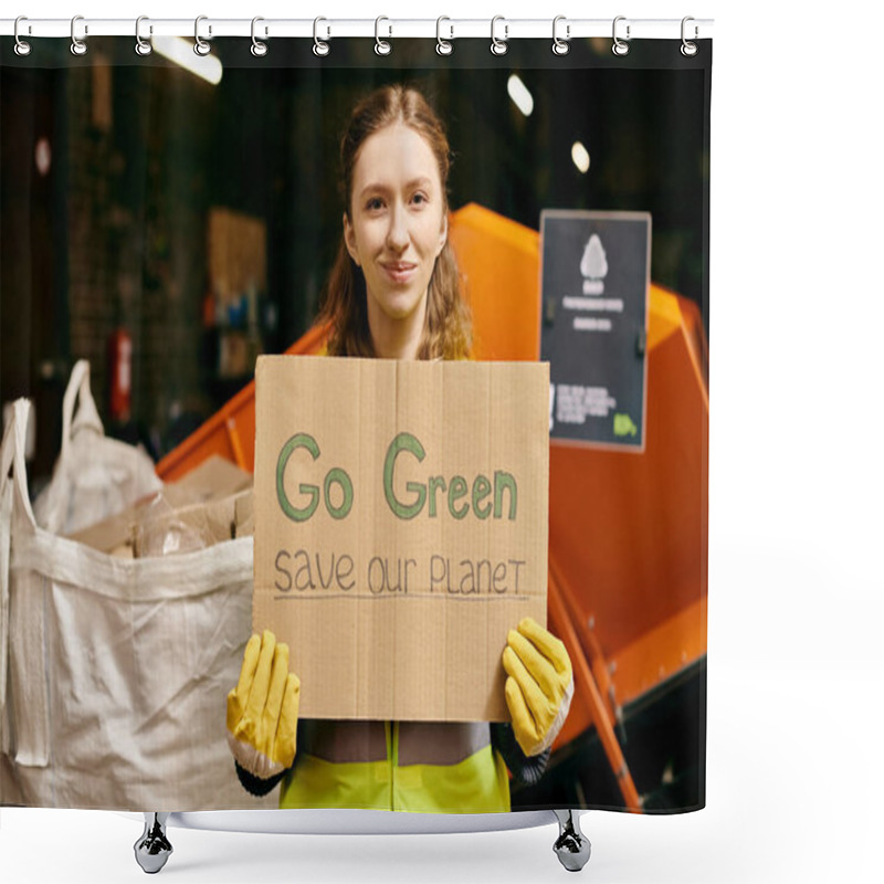 Personality  A Young Volunteer In Gloves And Safety Vest Advocates For Environmental Action By Holding A Go Green Save Our Planet Sign. Shower Curtains