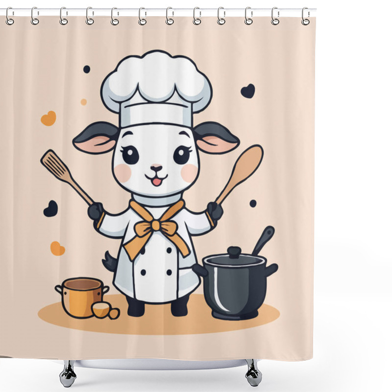 Personality  Cute Little Goat With Milk And A Chef Hat. Hand-drawn Vector Illustration For Children, Print, And Decoration. Isolated On A White Background. Shower Curtains