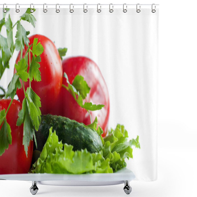 Personality  Fresh Vegetables On White Background Shower Curtains