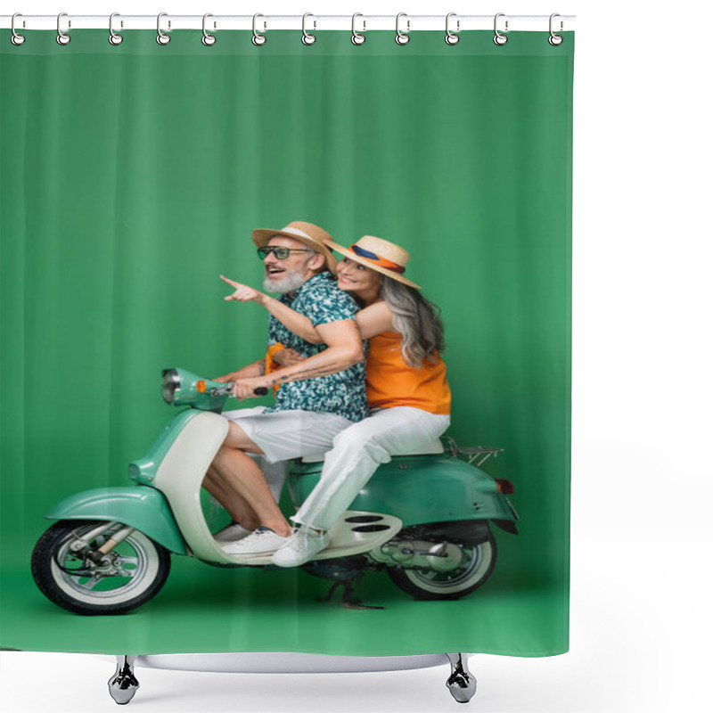 Personality  Happy Asian Middle Aged Woman Pointing With Finger And Hugging Husband While Riding Motor Scooter On Green  Shower Curtains