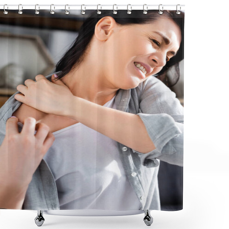 Personality  Upset And Allergic Woman Scratching Neck At Home  Shower Curtains