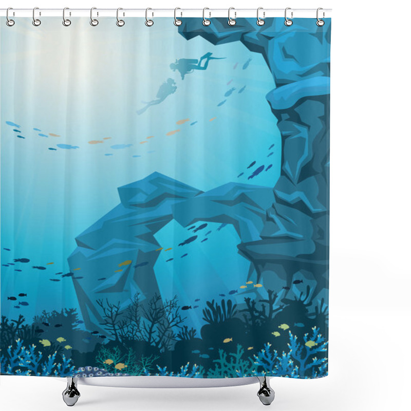 Personality  Underwater Sea - Divers, Cave And Coral Reef. Shower Curtains