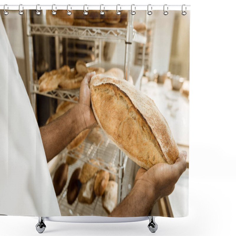 Personality  Cropped Shof Baker Holding Fresh Loaf Of Bread On Baking Manufacture Shower Curtains