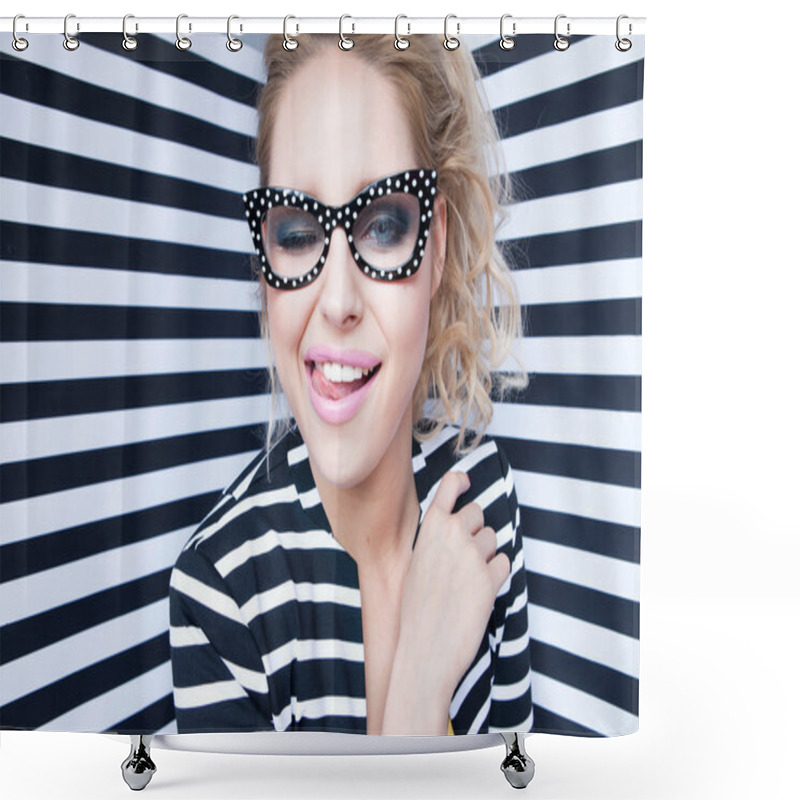 Personality  Attractive Young Blonde Woman Wearing Glasses On Stripy Background Shower Curtains