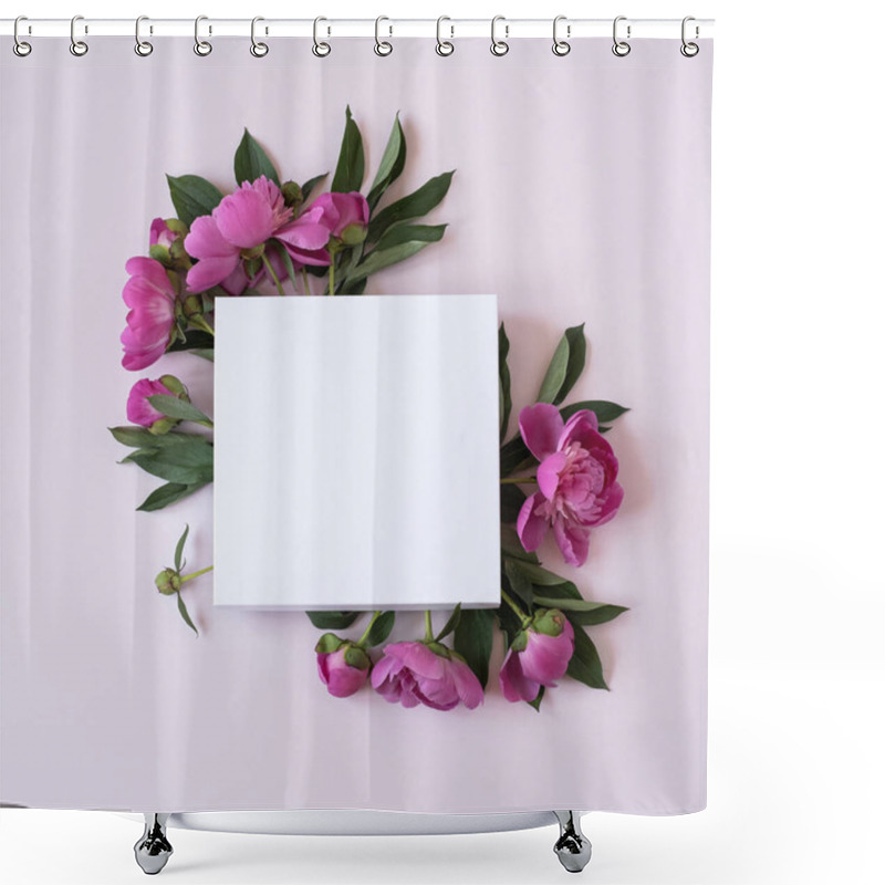 Personality  Wreath Made Of Elegant Pink Peonies Flowers With Blank Mockup Copy Space Paper Sheet On Pastel Pink Background. Flat Lay, Top View Brand, Blog, Website, Social Media Template Shower Curtains