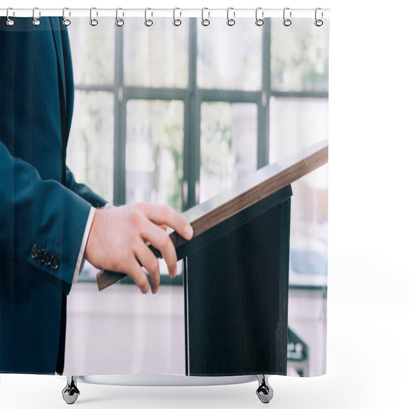 Personality  Cropped Image Of Lecturer Standing At Podium Tribune During Seminar In Conference Hall Shower Curtains