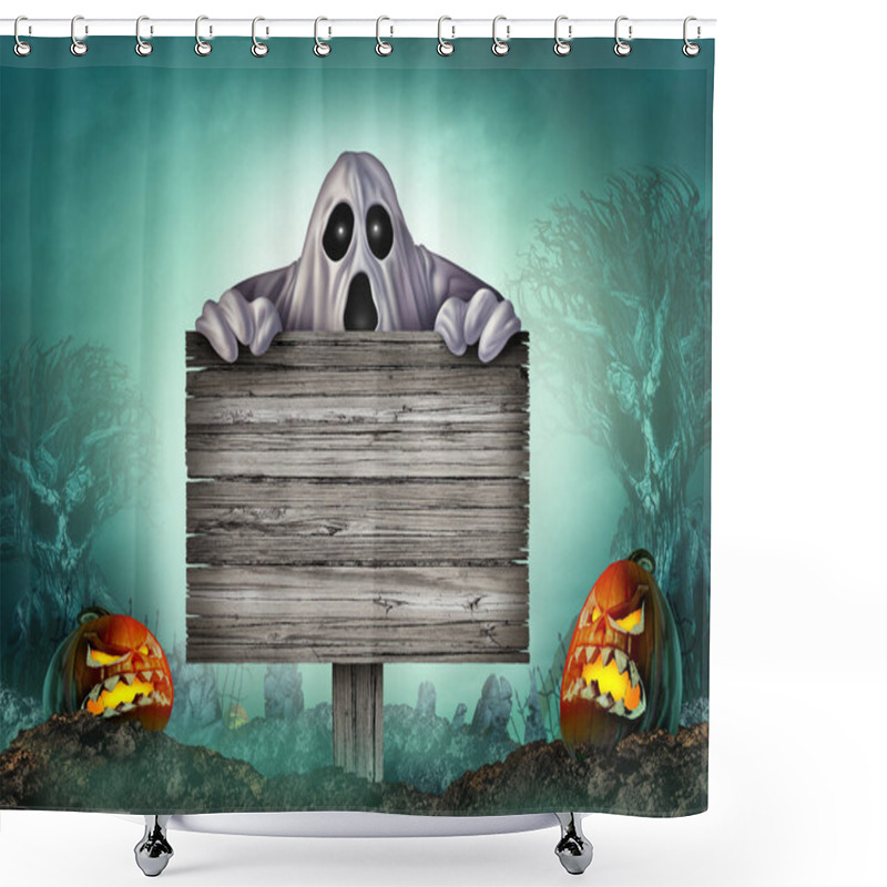 Personality  Halloween Ghost Rustic Sign In A Creepy Night Graveyard Background As An Autumn Season Cemetary Grave With A Blank  Grunge Sign And Scary Jack O Lantern Pumpkins. Shower Curtains