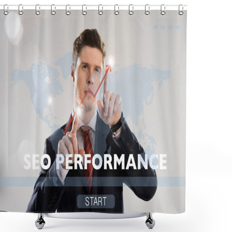 Personality  Handsome Businessman In Suit Pointing With Fingers At Cyber Security Illustration In Front  Shower Curtains