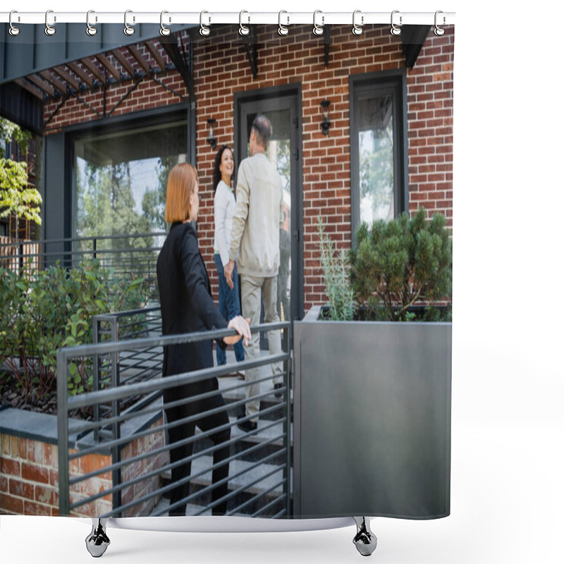 Personality  Redhead Realtor Standing Behind Interracial Couple Near Modern House Shower Curtains