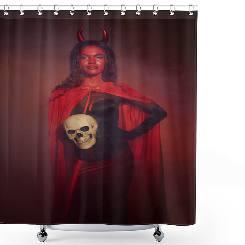 Personality  A Striking Woman Dressed As A Devil Poses Confidently, Showcasing Her Halloween Spirit With A Skull. Shower Curtains