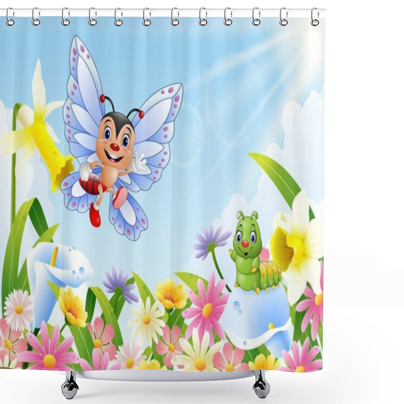 Personality  Cartoon Insects On Flower Field Shower Curtains