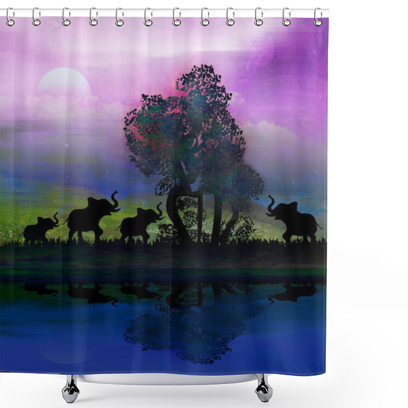 Personality  Silhouette Of Elephants In Africa Theme Setting With Beautiful C Shower Curtains