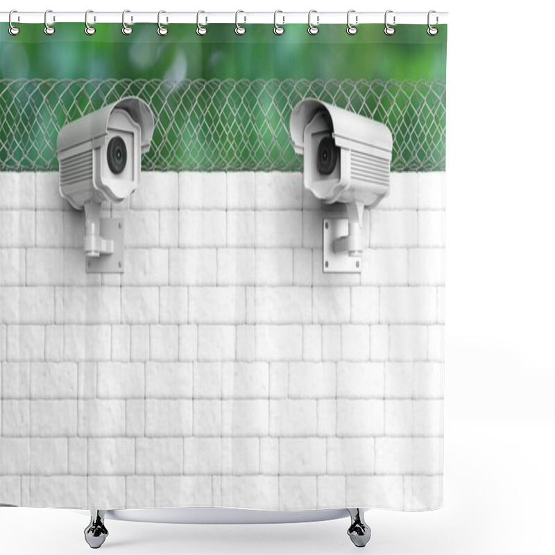 Personality  Security Surveillance Camera On White Brick Wall With Chain-link Fence Shower Curtains