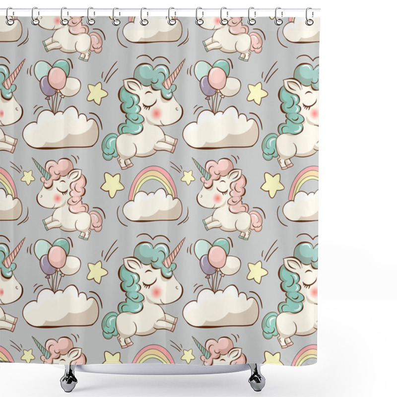 Personality  Pattern With Cute Unicorns And Clouds Shower Curtains