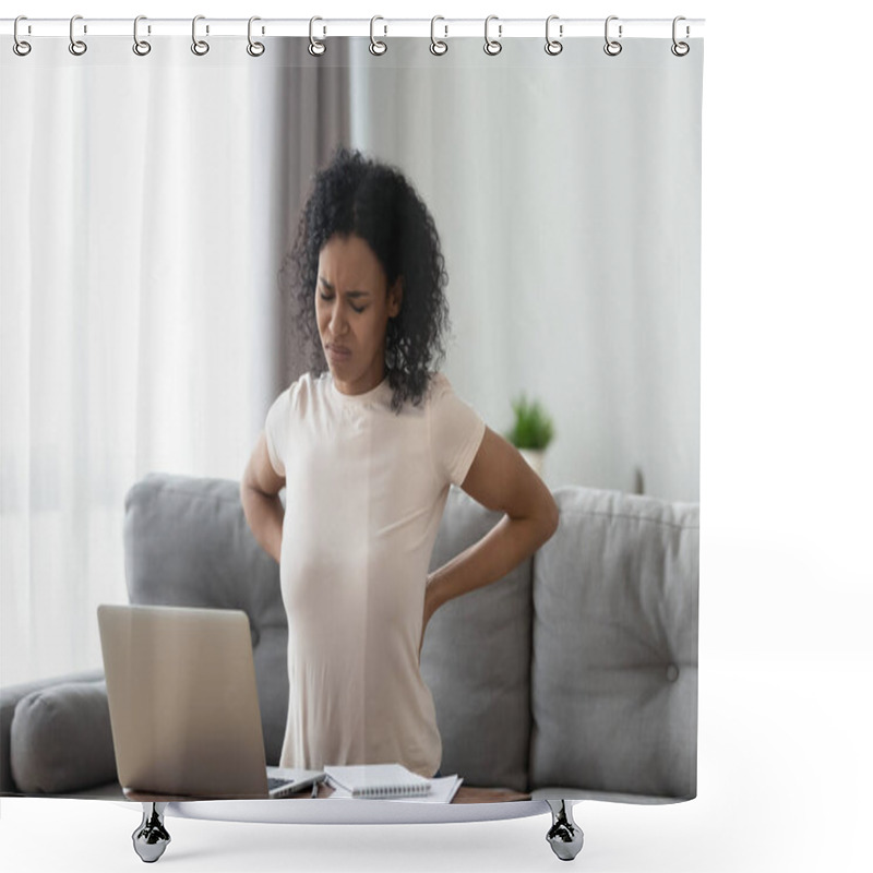 Personality  Unhealthy Black Woman Stretching Suffering From Backache Shower Curtains