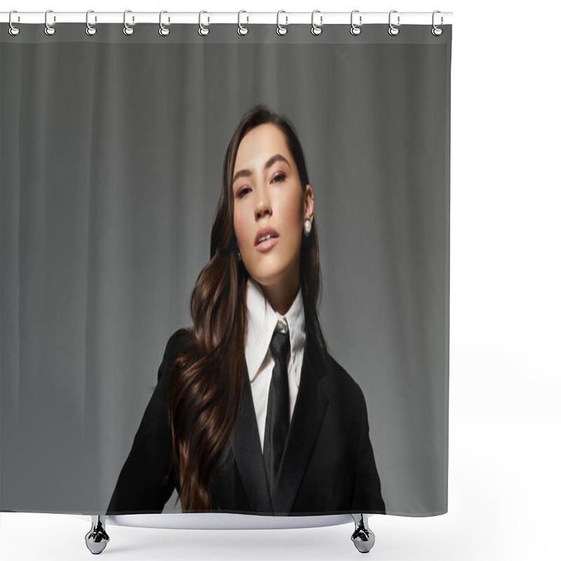 Personality  A Beautiful Young Woman Poses Confidently In Stylish Clothes Against A Grey Backdrop. Shower Curtains