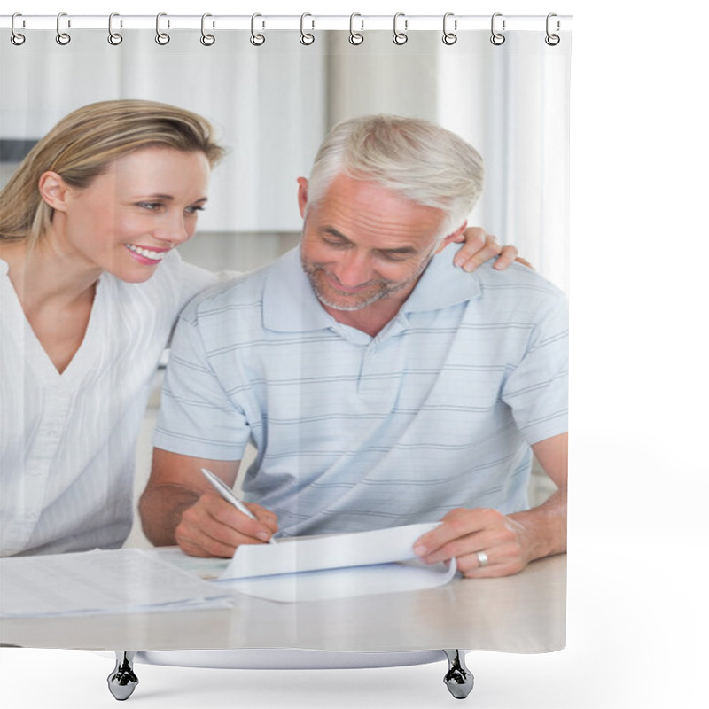 Personality  Happy Couple Working Out Their Finances Shower Curtains