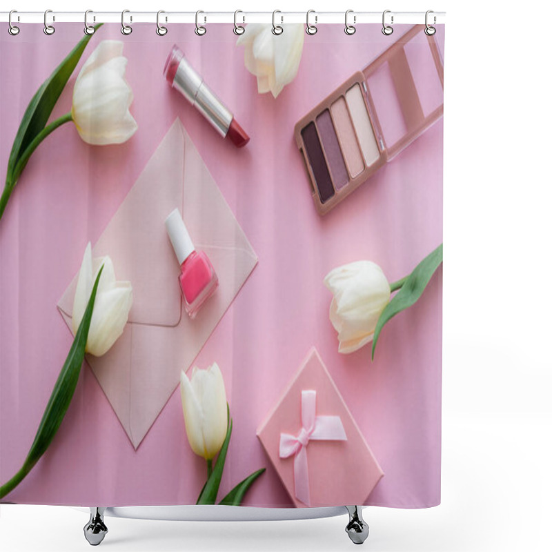 Personality  Top View Of White Tulips Near Envelope, Gift Box And Decorative Cosmetics On Pink Shower Curtains